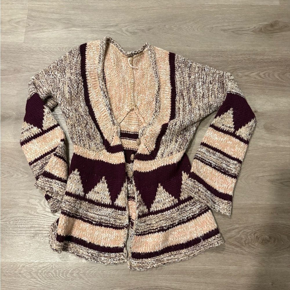 Free People Marled Cream and Burgundy Geometric Knit Cardigan